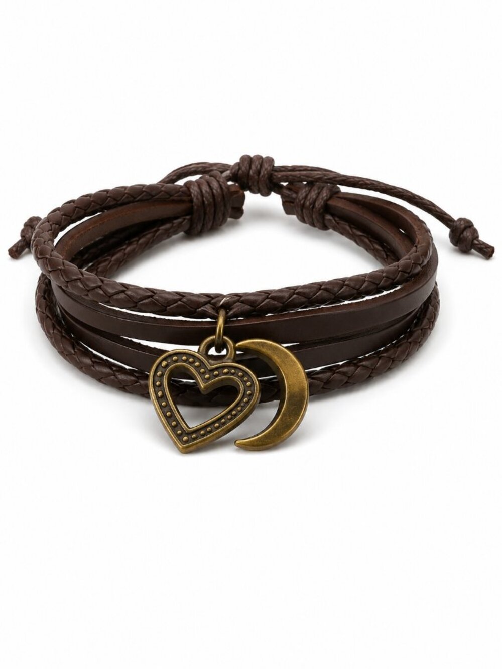 Handmade Moon & Heart Leather Wrap Bracelet NWT Adjustable Boho Mystic Jewelry